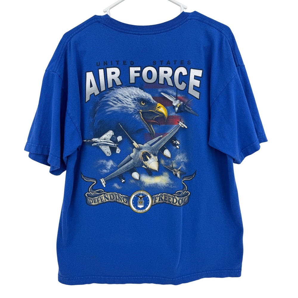 VINTAGE Bayside US Air Force Defending Freedom Graphic T-Shirt Blue Mens Large